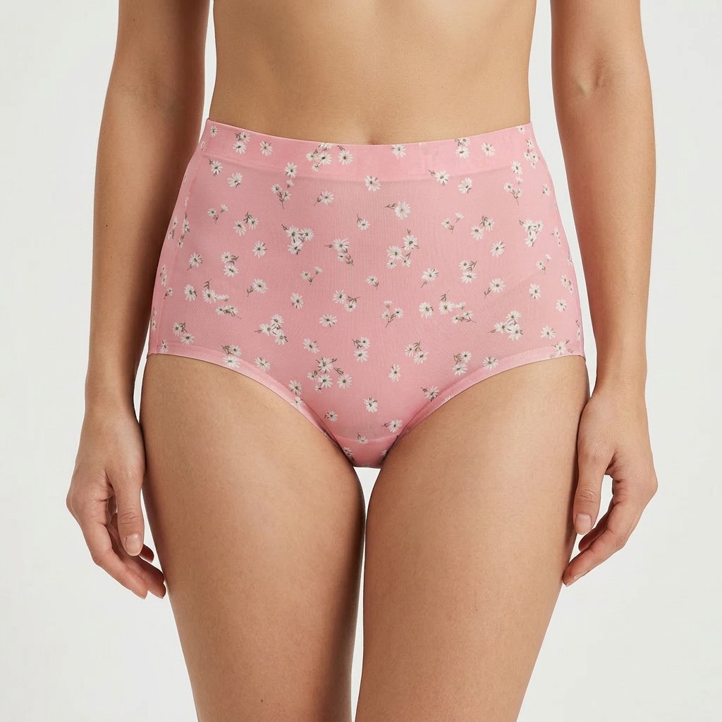 Style 2008A Sous-vêtement menstruel taille haute à flux abondant (fleuri rose, 370 g/㎡ Terry, 4 couches)