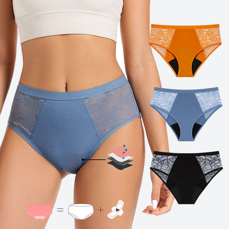 Sous-vêtements menstruels taille haute en dentelle de bambou (verrouillage liquide collé, 8 heures, maternité, multi-certifié)