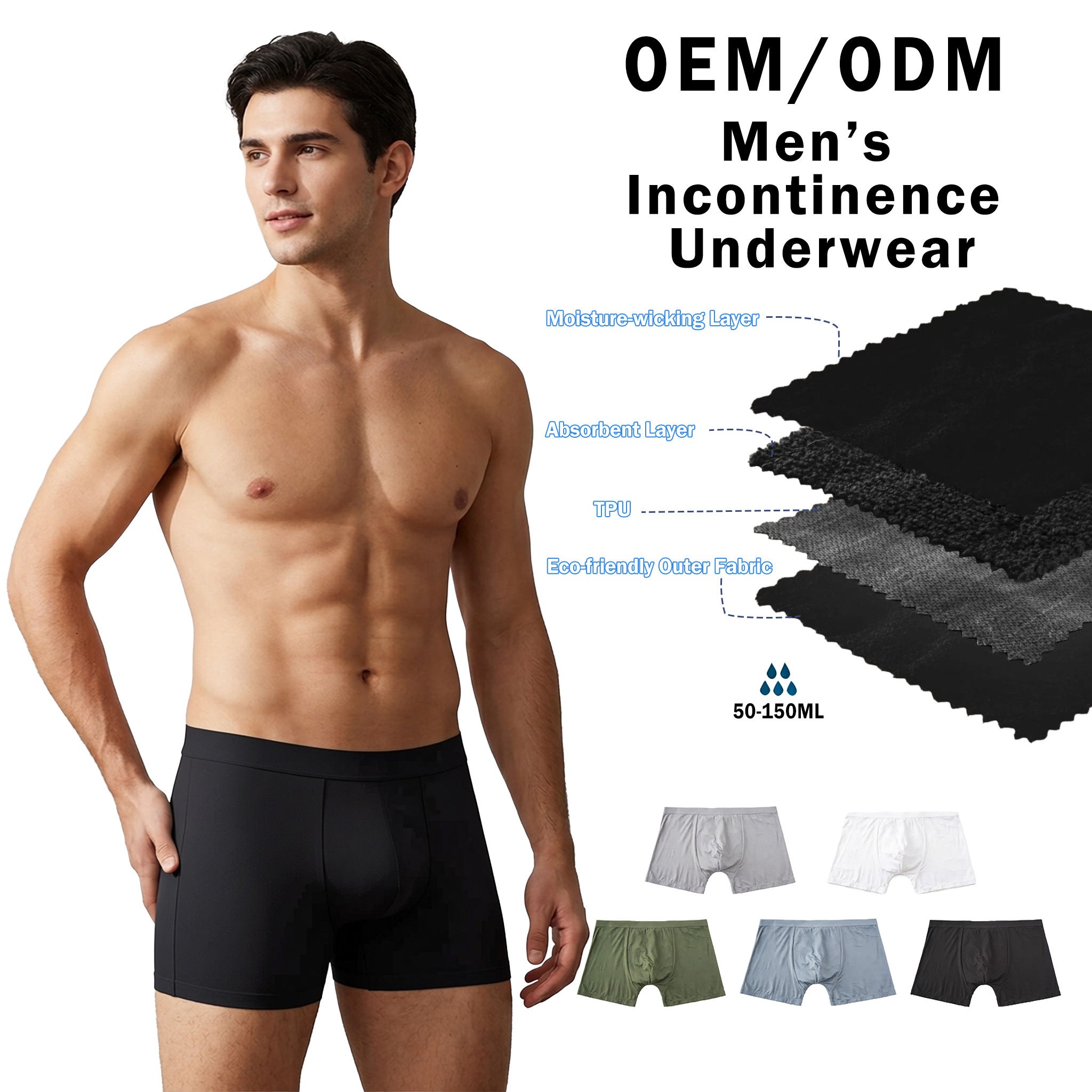 Modèle SH-G38 Boxer anti-fuite en coton pour hommes (50-150 ml, OEKO-TEX)