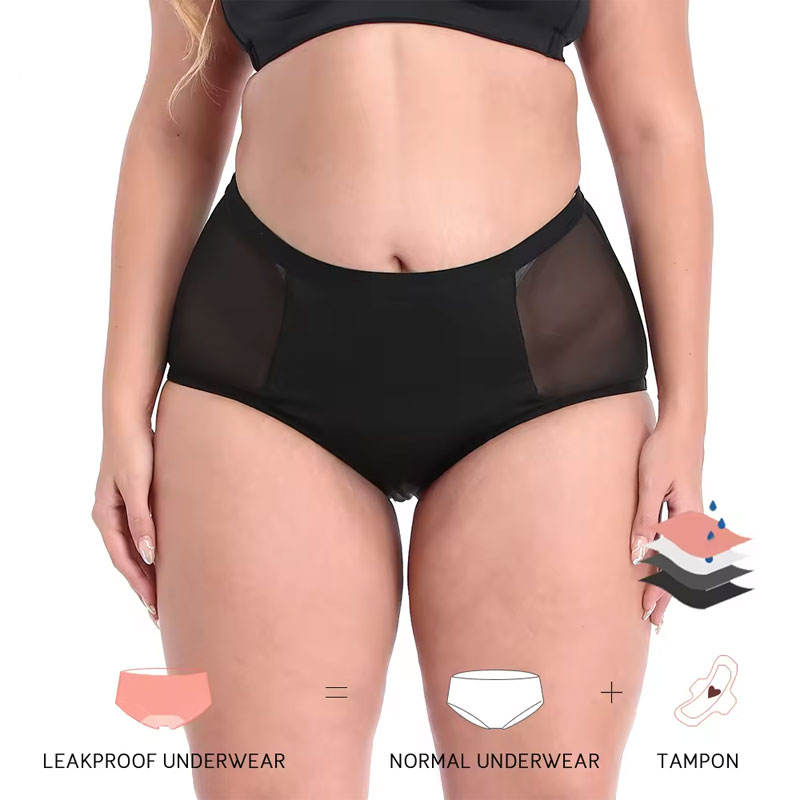 Sous-vêtements menstruels taille haute grande taille (panneaux en maille, ouverture de jambe imperméable, XS-3XL)