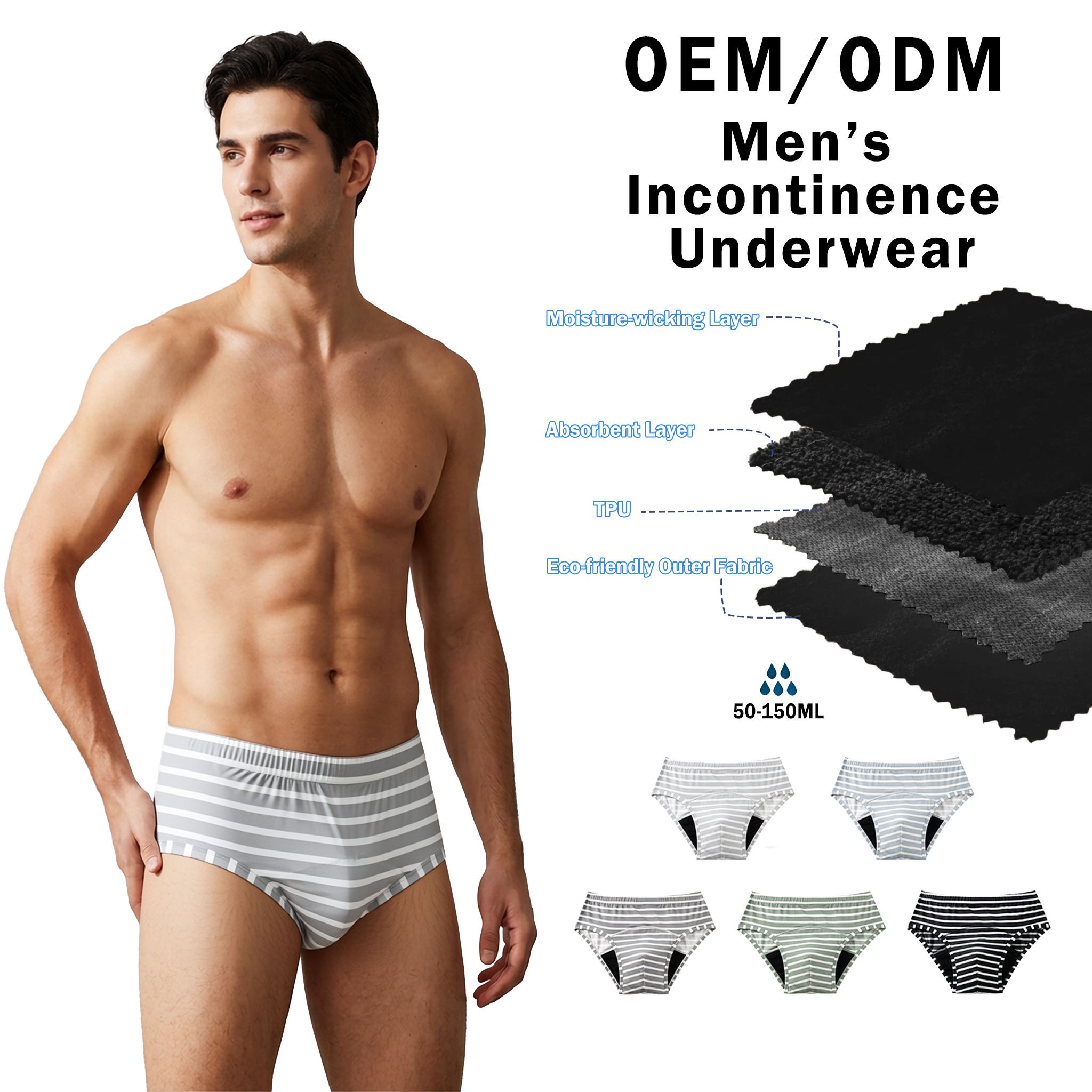 Modèle SH-MDP2 Boxer anti-fuite en bambou pour hommes (50-150 ml, rayé)