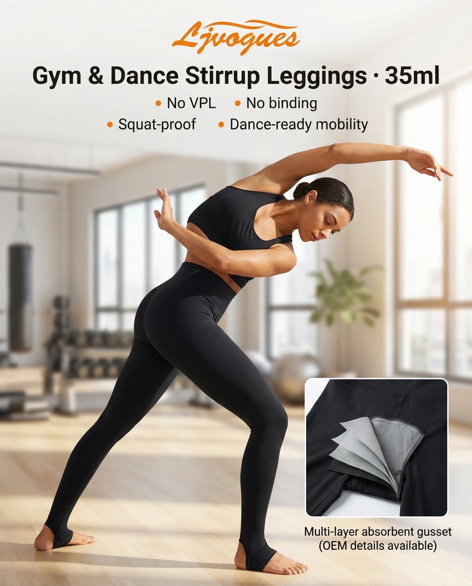 Jambières à étriers absorbantes en gros avec soufflet intégré (35 ml) | Vêtements de sport OEM pour gymnase et danse